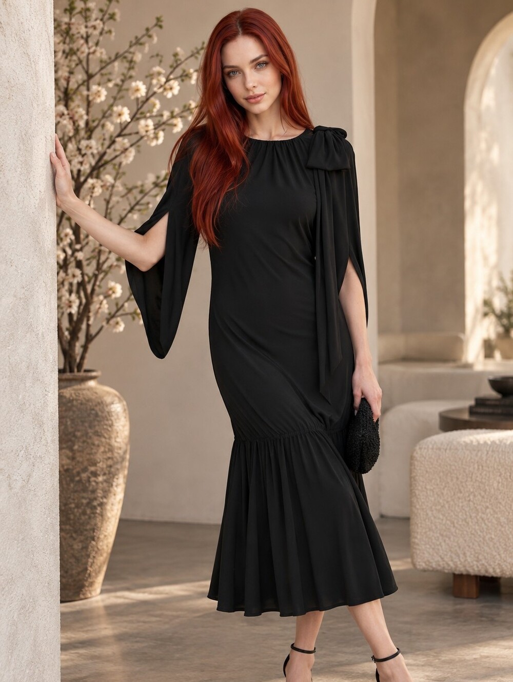 Simone Rocha Black Egg Dress Midi Bow Cape Drop Waist Avant Garde Designer CC